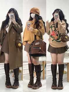 Midsize Korean Outfits, Chuppy Girl Outfit, Brown Boots Outfit Ideas, Chubby Fashion Outfits Korean, Brown Winter Outfit, Chubby Outfit Ideas, Long Brown Boots