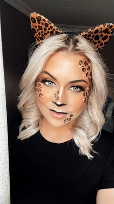 Cheetah/Leopard makeup look for halloween or just a fun event makeup cheetahmakeup leopardmakeup halloweenmakeup fantasymakeup makeuplooks Kitty Halloween Costume For Women, Cheetah Cat Makeup, Leopard Cat Halloween Costume, Easy Leopard Costume, Cheetah Costume Women Halloween, Lioness Halloween Costume, Womens Cheetah Costume, Simple Leopard Makeup