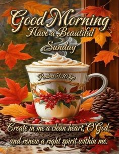 a cup of coffee with autumn leaves around it and the words good morning have a beautiful sunday