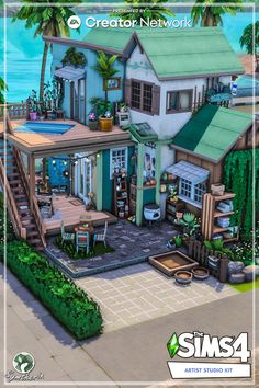 the sims4 house is surrounded by palm trees and greenery, with stairs leading up to the second floor