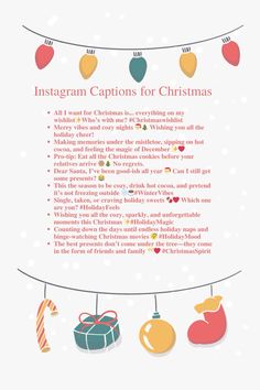 an info sheet with christmas items hanging from it's clothes line and the text instagram captions for christmas