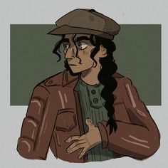 a drawing of a man with long hair wearing a brown jacket and hat, standing in front of a wall