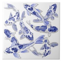 several blue and white koi fish are shown in this drawing, which is part of a series of drawings