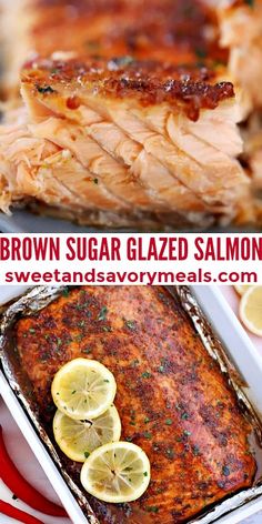 brown sugar glazed salmon in a pan with lemon slices