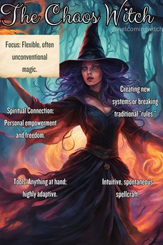 a witch with purple hair and black dress in front of trees, text reads the chaos witch focus flexible often on unconventional magic