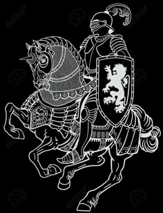 a black and white drawing of a knight on a horse with a shield in his hand