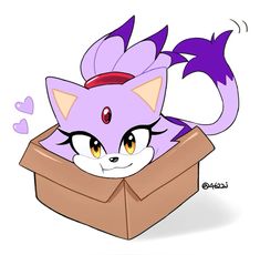 an image of a cat in a box with hearts on its tail and eyes closed