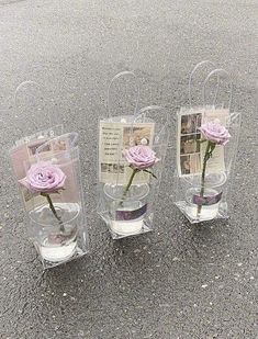 three clear vases with pink roses in them on the ground next to each other