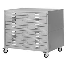 a large metal filing cabinet with many drawers on casteors and wheels, isolated against a white background