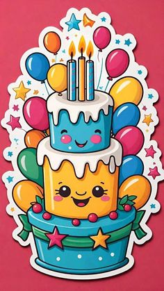 a birthday cake with candles and balloons on it's top is surrounded by stars