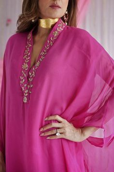 Buy Pink Chiffon Embroidered Floral Motifs V Neck Long Kaftan For Women by Shorshe Clothing Online at Aza Fashions. Shorshe Clothing, Pink Kaftan, Kaftan Women, Chiffon Kaftan, Kaftan For Women, Morning Dress