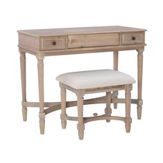 a wooden desk with two drawers and a stool