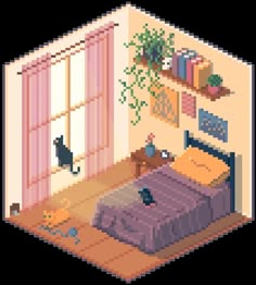 a cross stitch pattern of a bedroom with a bed, window and cat on the floor