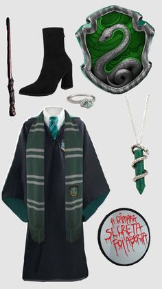 harry potter costume with accessories including scarves, boots and necklaces as well as a slyman hat