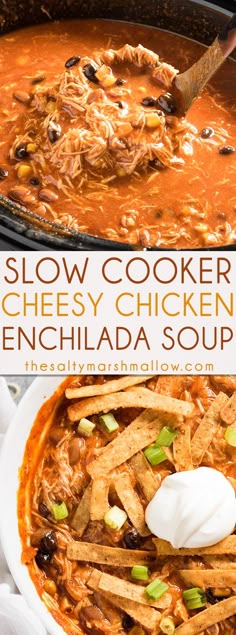 slow cooker cheesy chicken enchilada soup in a white bowl