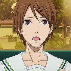 an anime character with brown hair is staring at the camera