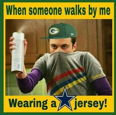 a man wearing a green bay packers hat and holding a paper in his hand with the caption saying, when someone walks by me wearing a jersey