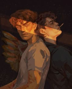 two young men are facing each other with wings on their shoulders, and one is looking at the camera