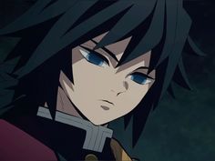 an anime character with black hair and blue eyes looks at the camera while staring into the distance