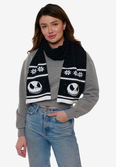 Make a fashion statement for the winter with this stylish unisex Disney Nightmare Before Christmas scarf. This long 70" Disney scarf can be worn many different ways and adds a nice Disney flair to any outfit! It's great for kids, teens and adults!FABRIC: AcrylicFIT: One SizeDisney scarf features a Fair Isle print and a Jack Skellington icon on both ends.Scarf made of 100% acrylic material.Can be worn many different ways and keeps you warm.Knit scarf measures laid flat: approximately 8 wide x 70 Disney Scarf, Christmas Knit, Disney Nightmare Before Christmas, Christmas Scarf, Thermal Sweater, Big Shirt, Disney Shop, Sweater Collection, Sweater Tank Top