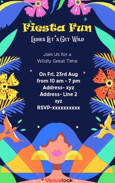 an event poster for fiesta fun with colorful flowers and birds on the dark blue background