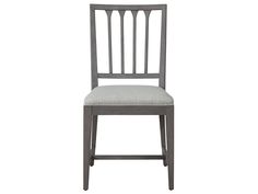 a wooden chair with a gray upholstered seat and back rest on a white background