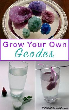 four different pictures with the words grow your own geodes