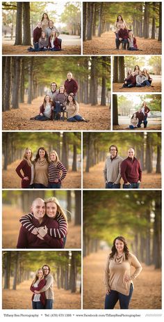 a collage of photos showing people in the woods with trees and grass behind them