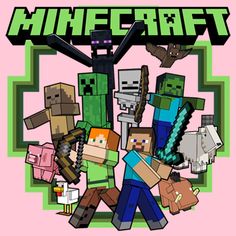 an image of some minecraft characters on a pink background