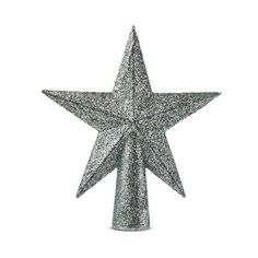 a silver glitter star decoration on a white background