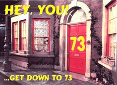 a red door with the words hey, you're 73 get down to 78