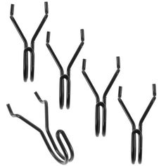 six black metal hooks on a white background