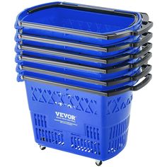 several blue plastic containers stacked on top of each other