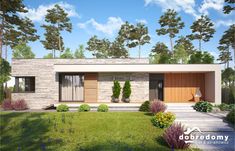 a rendering of a modern house in the middle of a garden with trees and bushes