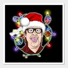 a man wearing a santa hat and glasses with christmas lights around his head on a black background