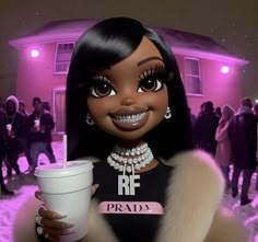 a barbie doll holding a drink in front of a pink lit room with other dolls