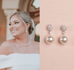 a woman in a white dress and pearl earrings next to a photo of the bride