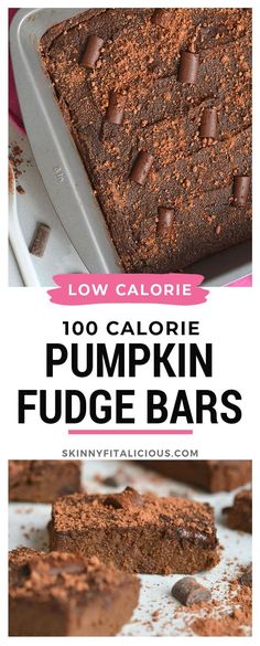 chocolate fudge bars with text overlay that reads, low calorie 100 calorie pumpkin fudge bars