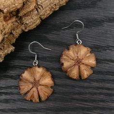 a pair of wooden earrings sitting on top of a piece of wood next to a tree branch