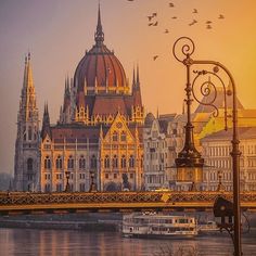 birds fly over the city skyline as the sun sets in prague, germany on a clear day