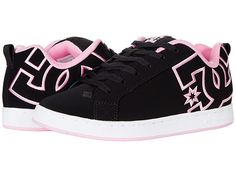 DC Court Graffik W - Women's Skate Shoes : Black/White/Pink : A modern classic, the DC Court Graffik W casual shoes deliver with a clean silhouette and bold logo detail. Casual sneakers with heavy-duty suede, sturdy action nubuck, or soft and resilient action leather upper for abrasion-resistance and durability. Foam-padded tongue and collar for added comfort and support. Textile lining offers breathability. Internal elastic tongue holders for added foot stability. Rubber cupsole with iconic pil Womens Dc Shoes, Cheap Shoes For School, 2000s Dc Shoes, Dc Shoes High Tops, Sporty Pink Sneakers With Embossed Logo, Leather Skate Shoes With Logo And Round Toe, Leather Round Toe Skate Shoes With Logo, Sporty Low-top Skate Shoes With Logo, Pink Sneakers With Embossed Logo For Streetwear