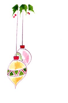 a drawing of two christmas ornaments hanging from a tree