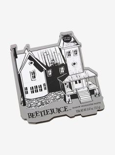 a black and white sticker with the words beetlejuice in front of a house