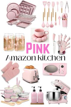 pink kitchen accessories and utensils with the words pink on it in black text