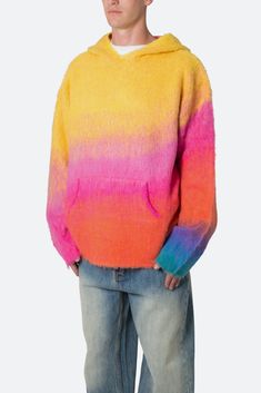 the Brushed Gradient Hoodie is a custom knit sweater that is constructed from an acrylic and cotton yarn, custom multi color gradient pattern, features a relaxed fit, and is finished in a brushed exterior texture. details relaxed fit 55% Acrylic 22% Nylon model is 6’1, 140 lbs and wears a size medium Gradient Sweater, Exterior Texture, Layered Hoodie, Gradient Pattern, 140 Lbs, Denim Cargo Pants, Cable Knit Sweater Cardigan, Cameron Diaz, Color Gradient