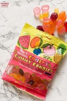 fruity gummy candies are on the counter