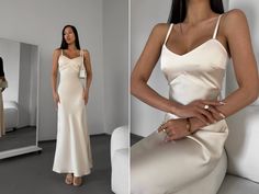 Womens Stunning silk slip dress in ivory champane color. Satin slip dress for events. Briedsmaids white silk dress. Material: Silk + polyester Colours: Milky White, Ivory, Emerald, Royal Blue, Black SIZE/LENGTH: the length WITHOUT STRAPS XS,S,M,L- 118 cm (46,45'') We can customize length for you as well. Model on the Foto 171cm-67,3'', S size PRODUCT CARE - It is recommended to handwash 30oC. -twist carefully Feel Free to Ask Any Question about Sizing and Fit. FREE DELIVERY WORLWIDE! Slip Dress White, Silk Dress Material, White Silk Dress, White Slip Dress, Classic Suit, Silk Slip Dress, Milky White, Silk Slip, Satin Slip