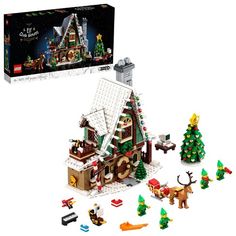 a lego christmas house is shown in front of a box with its contents and instructions