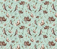 otters and other animals are depicted in this seamless pattern