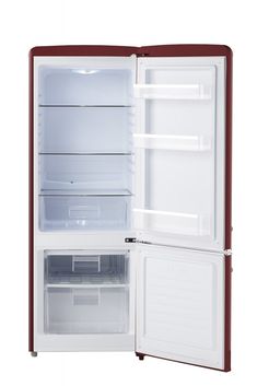 an open red and white refrigerator on a white background